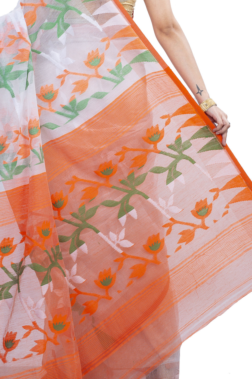 White Orange Blended Cotton Moha_Jamdani Jamdani Saree (808)